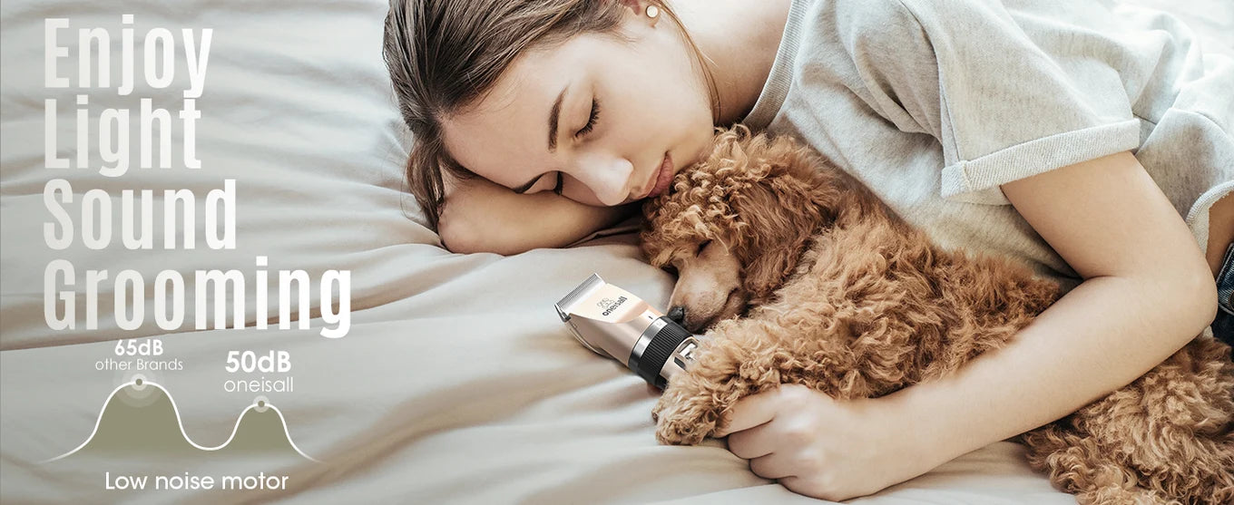 Pet grooming clipper next to a resting dog