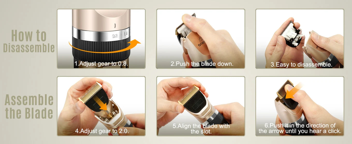 Six illustrated clipper blade maintenance steps